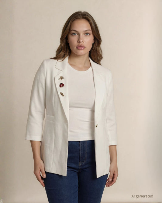 Giacca bianca simil lino con bottone centrale e dettagli di spille sul revers curvy