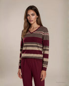 Maglia scollo a V a righe miste con lurex merlot