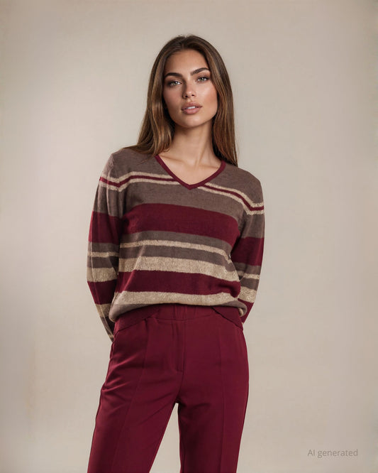 Maglia scollo a V a righe miste con lurex merlot