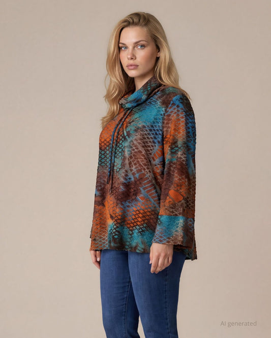 Maglia a scatola in jersey devorato con collo alto curvy