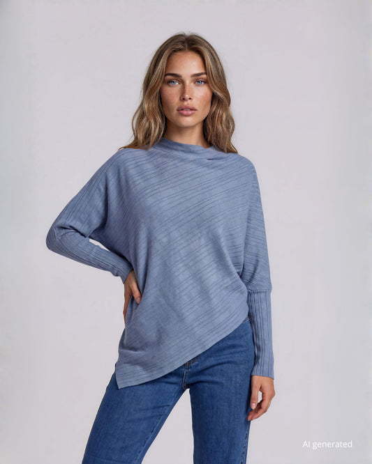 Maglia poncho a coste miste con punta asimmetrica e scollo largo denim