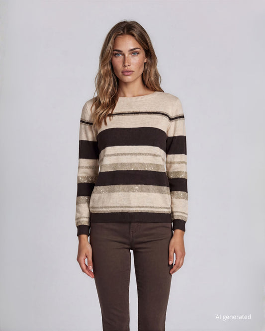 Maglia scollo a barchetta a righe miste con lurex caffè