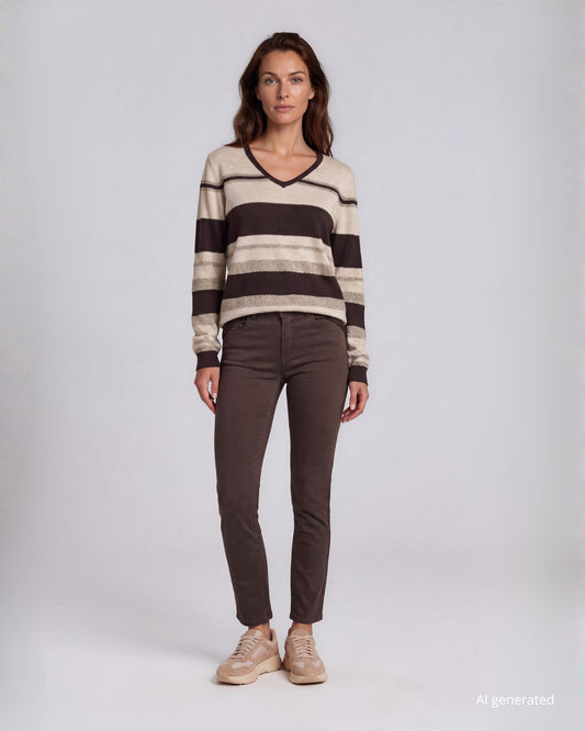 Maglia scollo a V a righe miste con lurex caffè