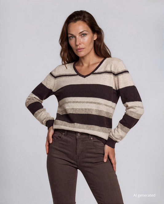 Maglia scollo a V a righe miste con lurex caffè