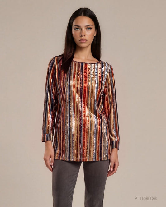 Maglia a scatola in velluto fantasia a righe con collo a barchetta