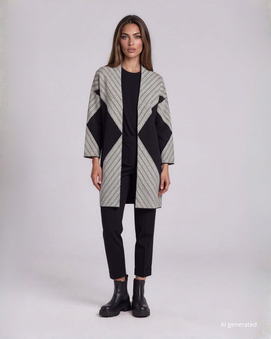Cardigan lungo aperto in jacquard con rombi e maniche svasate