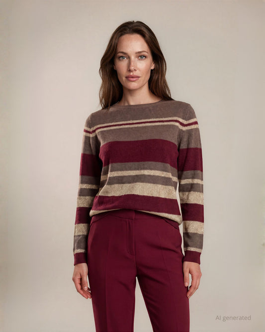 Maglia scollo a barchetta a righe miste con lurex merlot