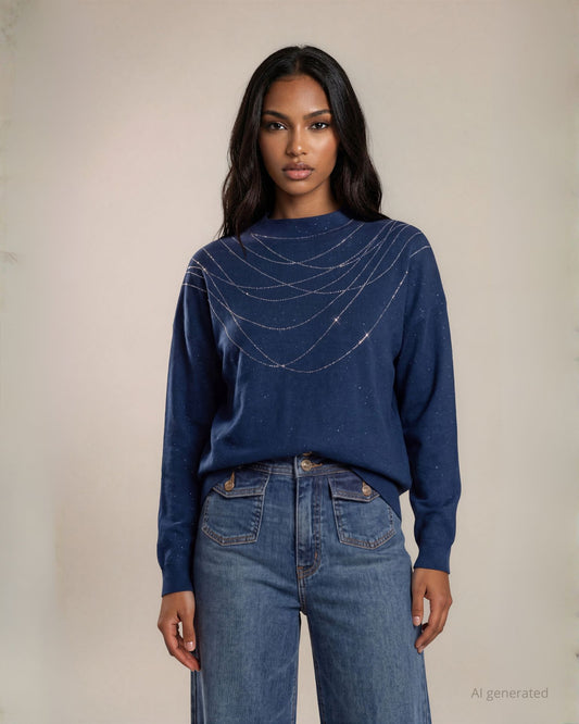 Maglia ponchetta con lurex e dettagli di strass sullo scollo