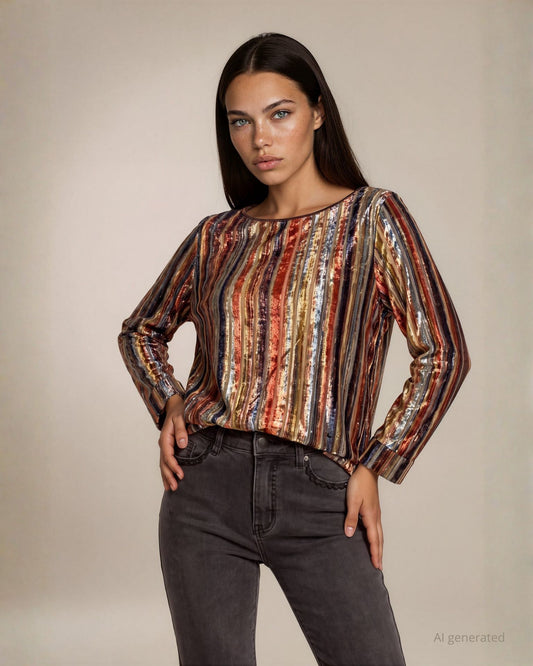 Maglia a scatola in velluto fantasia a righe con collo a barchetta