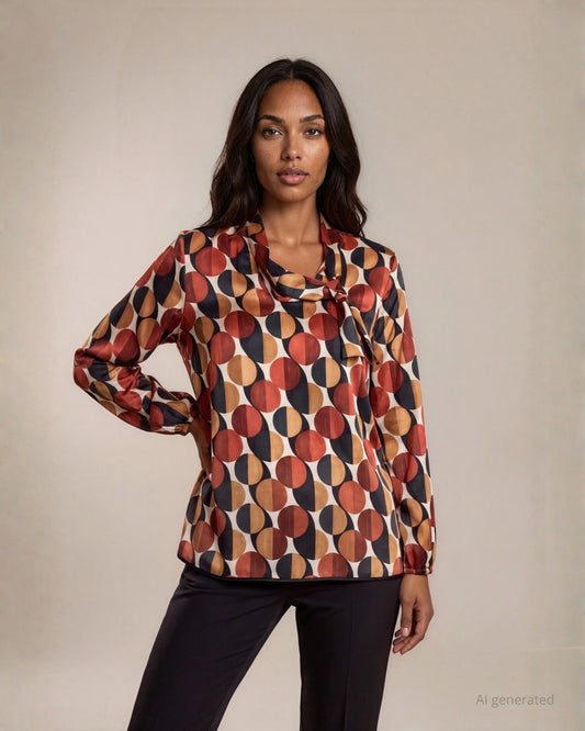 Camicia in raso fantasia cerchi con sciarpina sullo scollo