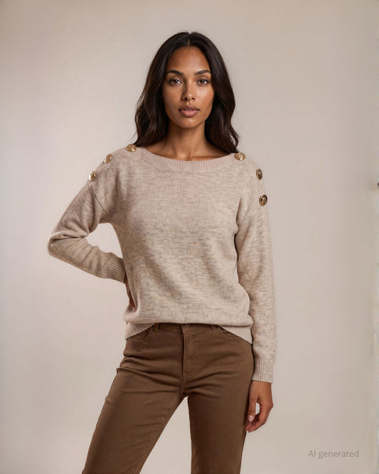 Maglia con scollo a barchetta e bottoni sulle spalle beige