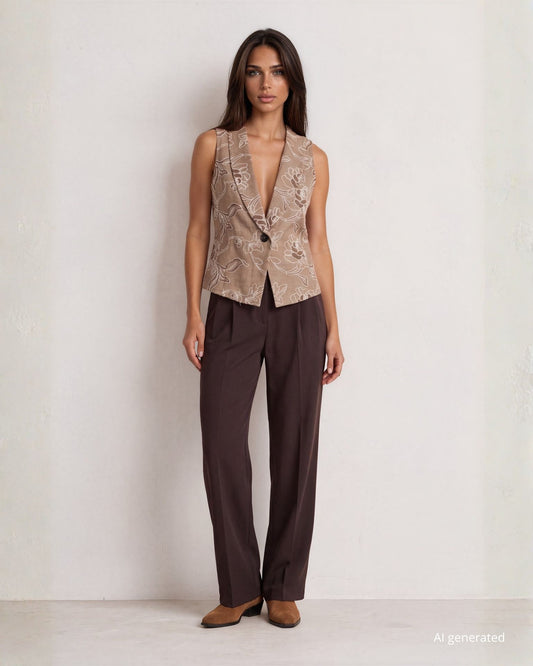 Pantalone palazzo basico in cady fluido color caffè con elastico in vita