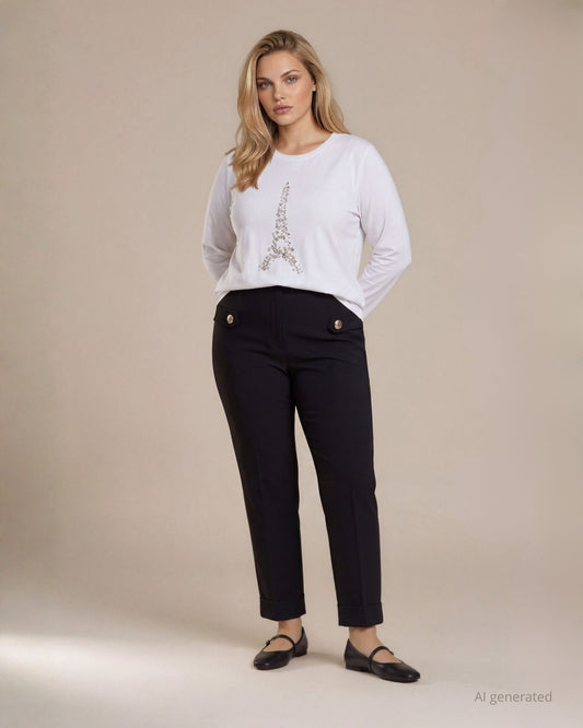 Pantalone in scubacrepe cropped con linguette e bottoni ai fianchi curvy