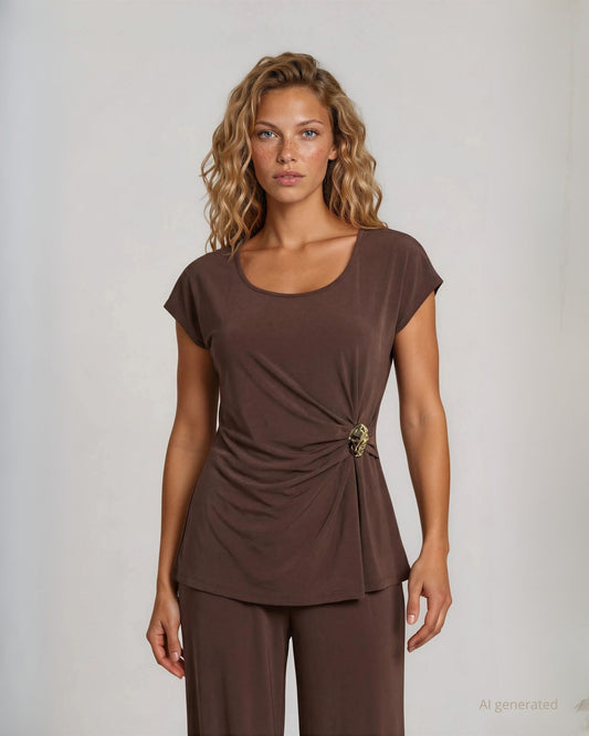 Casacca in jersey cacao maniche a kimono con passante laterale e drappeggio