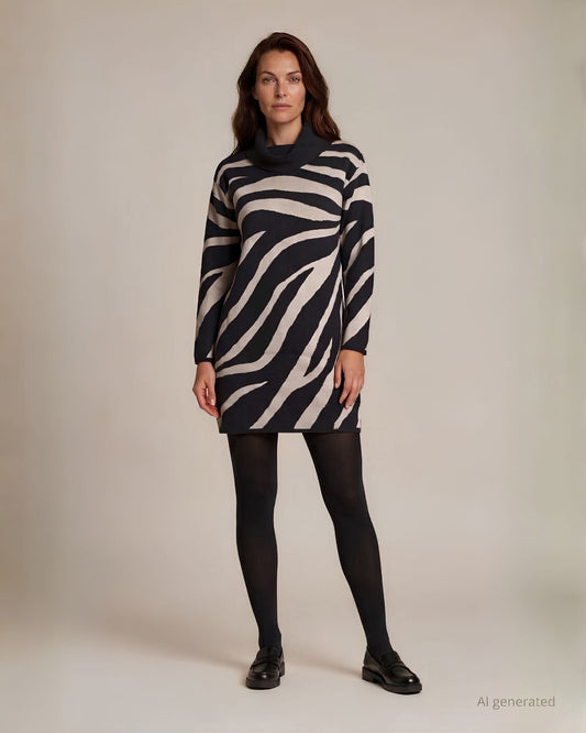 Vestito jacquard fantasia animalier con collo faille e bottoni