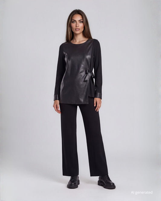 Pantalone gamba dritta in maglia con elastico in vita