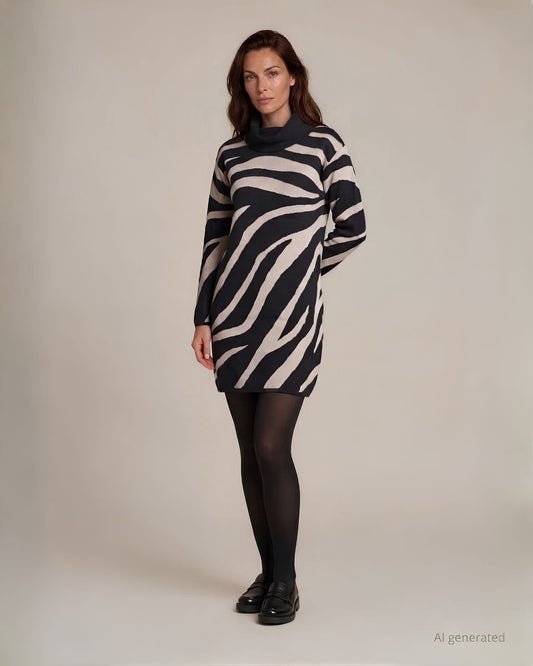 Vestito jacquard fantasia animalier con collo faille e bottoni