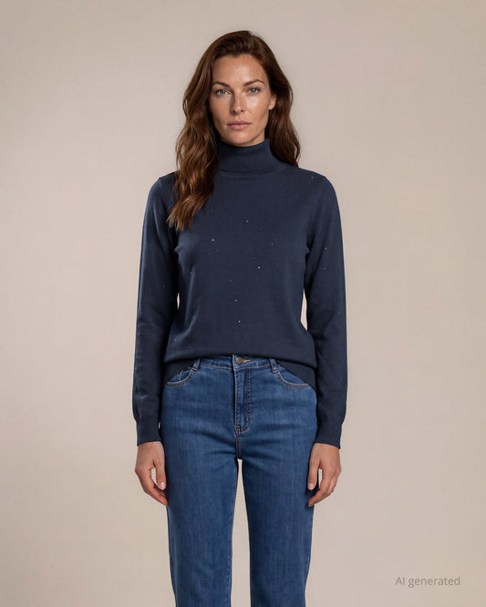 Maglia basica collo alto in filato con micro paillettes blu melange