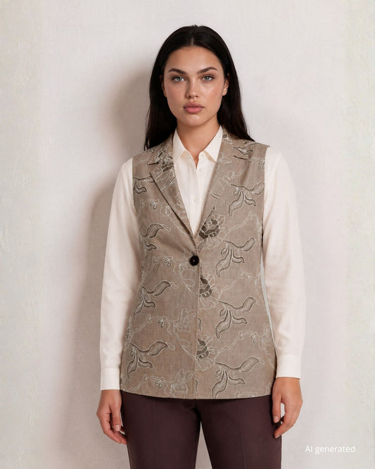 Gilet lungo con collo a scialle e spacchi laterali in tessuto melange e bottone in ecopelle curvy