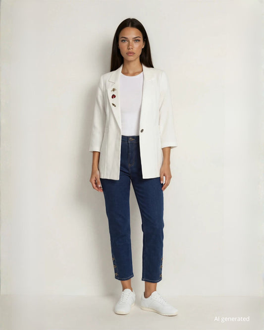 Giacca bianca simil lino con bottone centrale e dettagli di spille sul revers