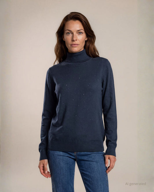 Maglia basica collo alto in filato con micro paillettes blu melange