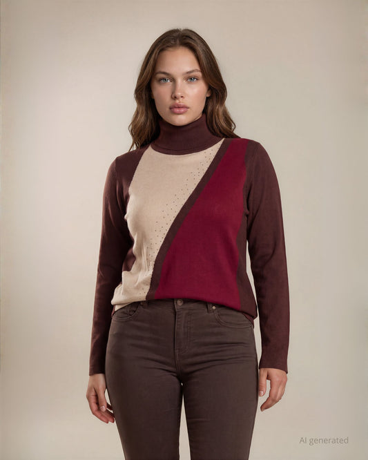 Maglia color block a collo alto con con riga lurex e strass curvy
