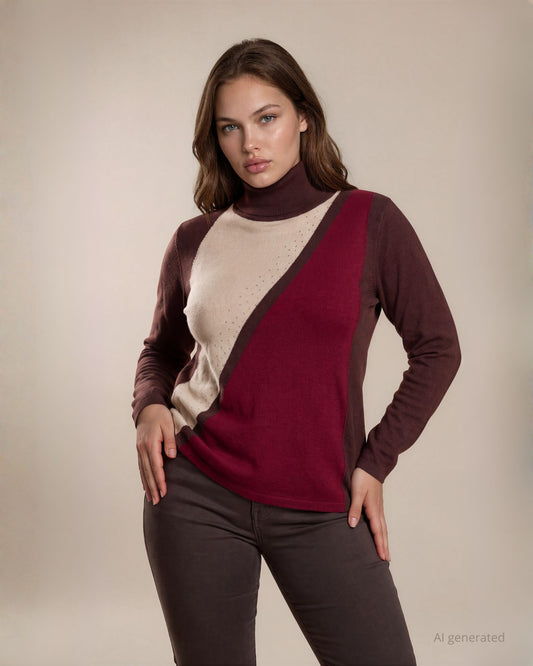 Maglia color block a collo alto con con riga lurex e strass curvy