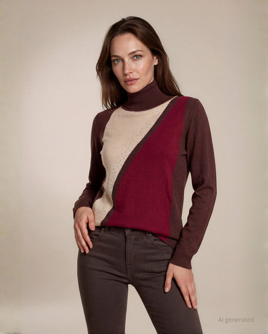 Maglia color block a collo alto con con riga lurex e strass