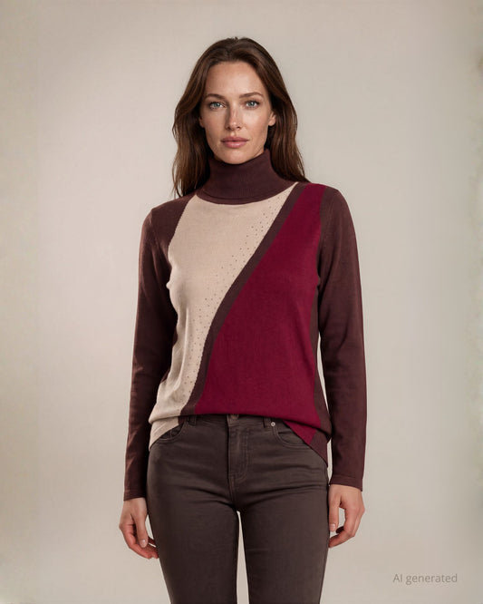 Maglia color block a collo alto con con riga lurex e strass