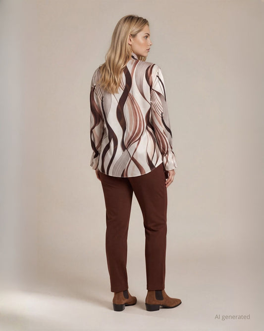 Camicia in raso fantasia onde con sciarpina sullo scollo curvy