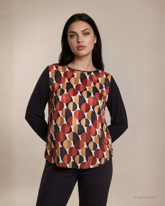 Casacca in raso fantasia a cerchi con maniche in jersey curvy