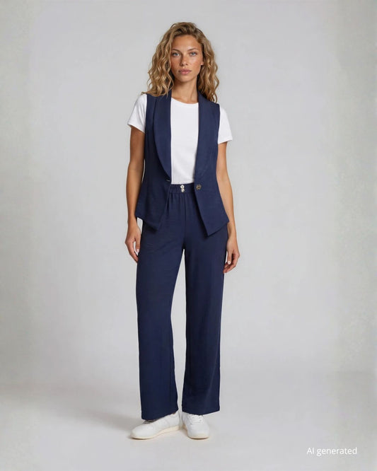 Pantalone con elastico e pinces in vita blu