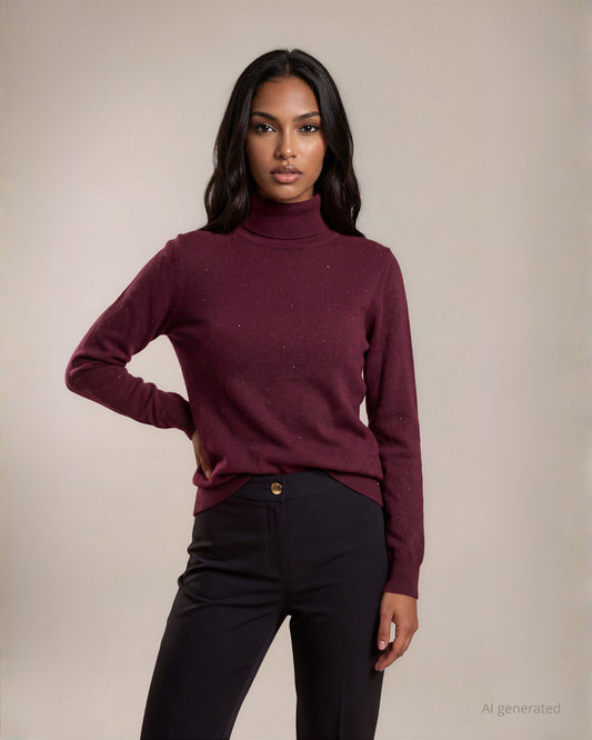 Maglia basica collo alto in filato con micro paillettes merlot