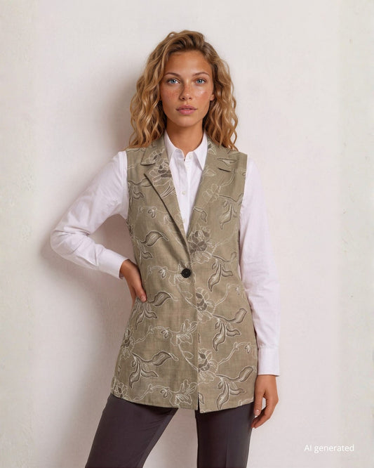 Gilet lungo con collo a scialle e spacchi laterali in tessuto melange e bottone in ecopelle