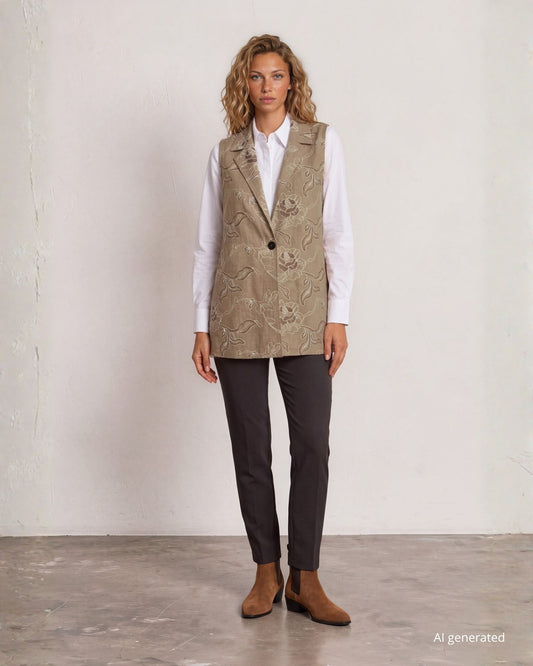 Gilet lungo con collo a scialle e spacchi laterali in tessuto melange e bottone in ecopelle