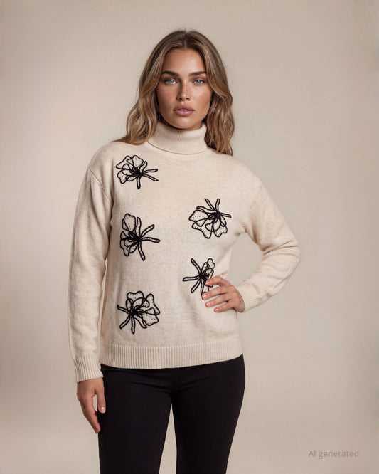 Maglia spalla scesa con collo alto e ricamo con paillettes