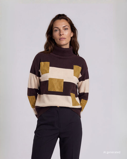 Maglia a scatola collo alto a righe con intarsi di quadri e strass