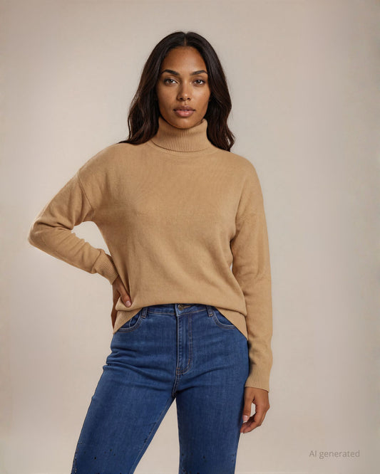 Maglia a scatola con collo alto caramello