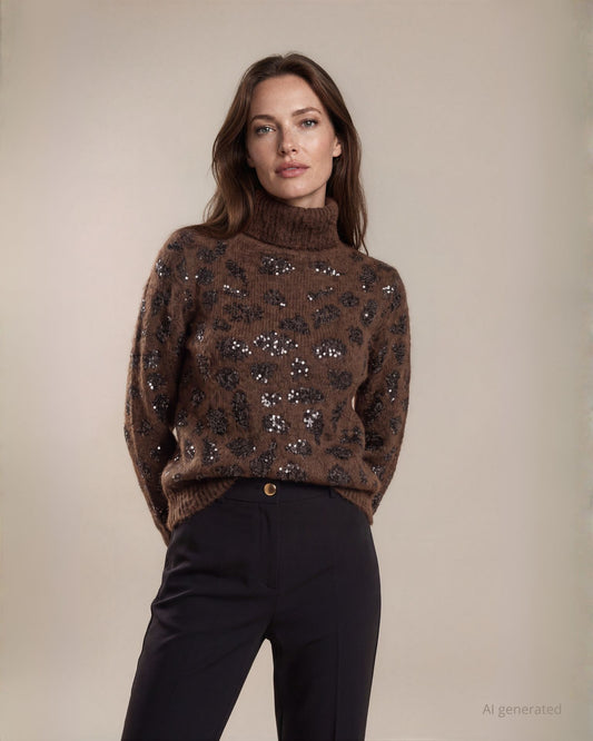 Maglia jacquard animalier con collo alto e paillettes
