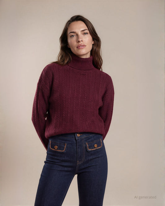 Maglia collo alto con lurex e motivo di trecce miste merlot