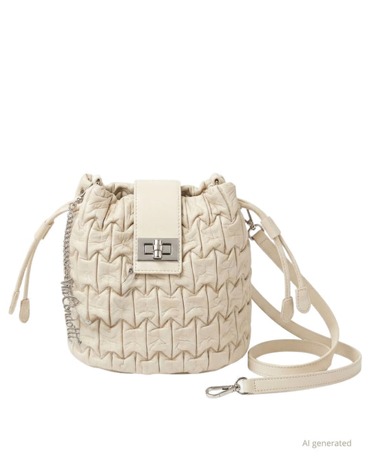 Borsa piccola a sacchetto in ecopelle plissettata con manico e tracolla beige