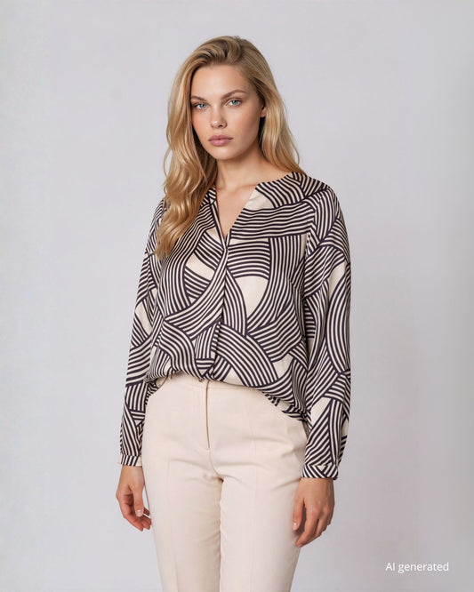 Camicia in raso fantasia con scollo a V e piega curvy