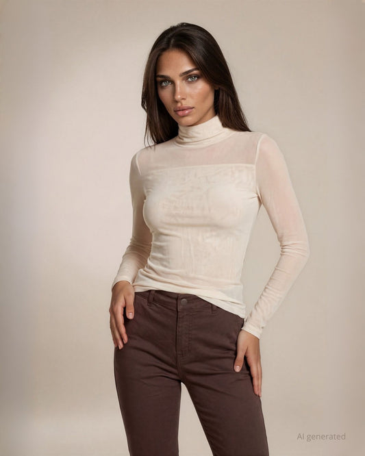 Maglia in tulle con collo alto e trasparenza sul carrè avorio