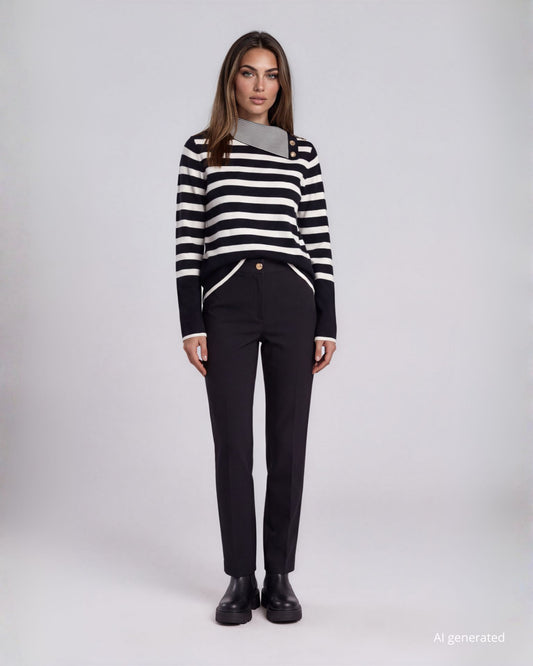 Maglia a righe miste con spacco e bottoni sullo scollo