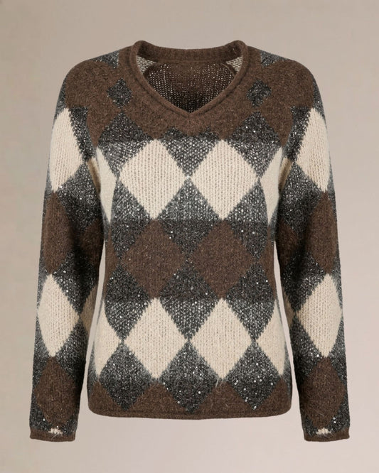 Maglia jacquard a rombi con scollo rotondo e paillettes