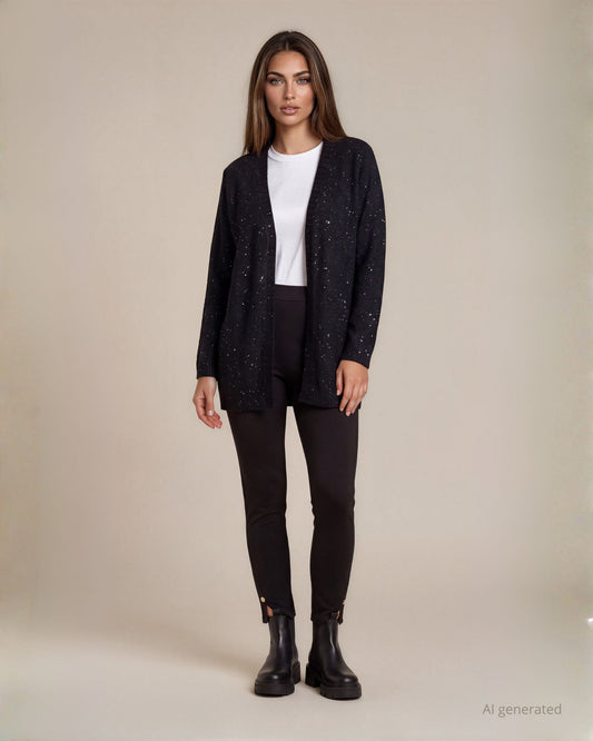 Cardigan aperto in maglia filato con paillettes nero