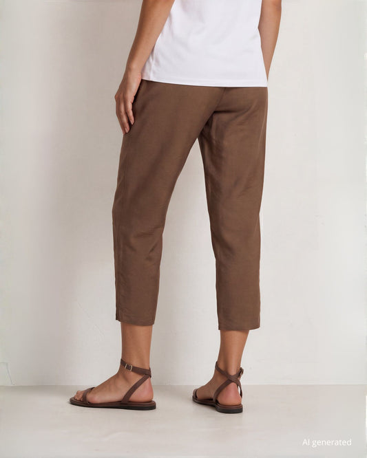 Pantaloni cropped in viscosa denim con elastico e spacchetti con bottoncini in madreperla sul fondo cioccolato