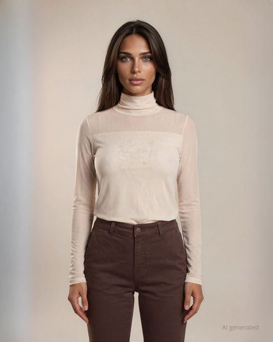 Maglia in tulle con collo alto e trasparenza sul carrè avorio