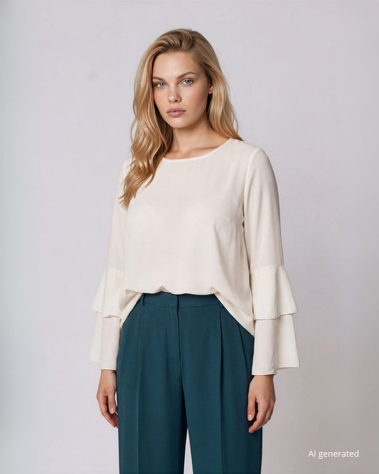 Casacca in georgette avorio con maniche ampie a doppio volant curvy