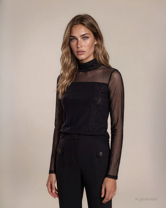 Maglia in tulle con collo alto e trasparenza sul carrè nero